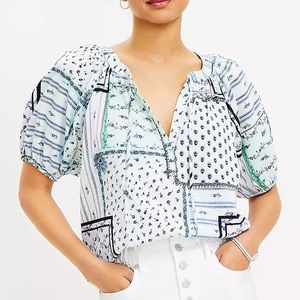 LOFT Patchwork Tie Neck Puff Sleeve Top NWT Size L